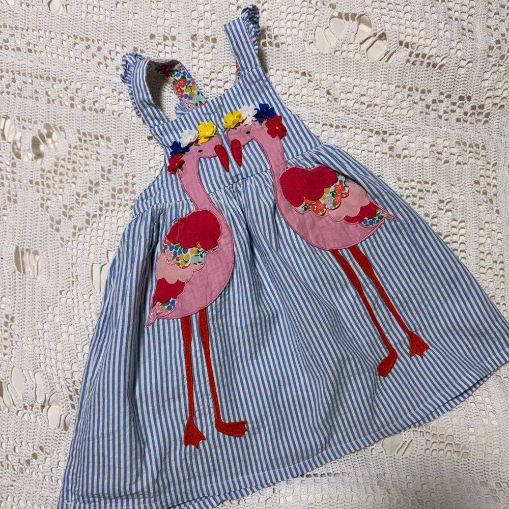 🦩 Baby Boden Blue Striped Flamingo Pinafore, 3-4